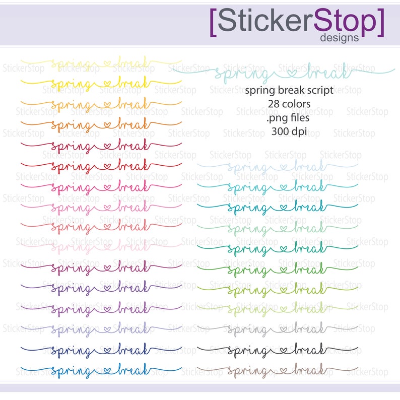 Spring Break Script Icon Digital Clipart in Rainbow Colors Instant download PNG files image 1