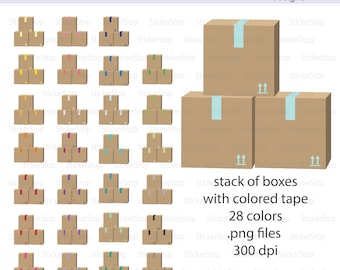 Stack of Boxes with Colorful Tape Icon Digital Clipart in Rainbow Colors - Instant download PNG files