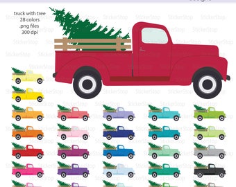 May include: A set of 28 digital clipart images of a red vintage pickup truck with a green Christmas tree in the bed. The truck is available in 28 different colours.