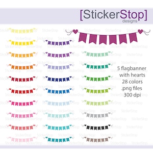 Bunting Banner 5 Flags with Hearts Clipart, PNG Digital Clipart - Instant download