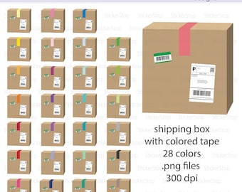 May include: A set of 28 shipping box stickers with different coloured tape. The stickers are 300 dpi and are available as PNG files.