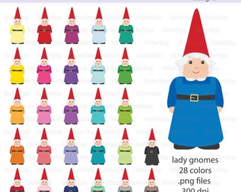 May include: A set of 28 digital clipart images of lady gnomes in various colours. Each gnome is wearing a red hat, a blue dress, and a black belt. The gnomes are 300 dpi and in PNG format.