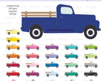 May include: A set of 28 vintage truck clip art images in various colours. The trucks are blue, yellow, orange, red, pink, purple, green, teal, light blue, and black. The trucks have a wooden bed and white wheels. The image includes the text "StickerStop designs".