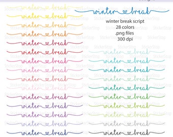 May include: A digital download of 28 colourful "winter break" script designs. The designs are in a handwritten style with a heart symbol. The text "StickerStop designs" is at the top of the image.