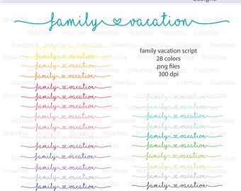 May include: A set of 28 colourful digital clipart images of the phrase "family vacation" in a handwritten script font. The images are 300 dpi and are available as PNG files.