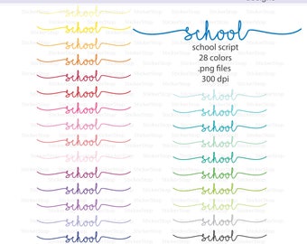 May include: A set of 28 colourful "school" script stickers, each with a different colour. The stickers are 300 dpi and are available as PNG files. The text "StickerStop designs" is at the top of the image.