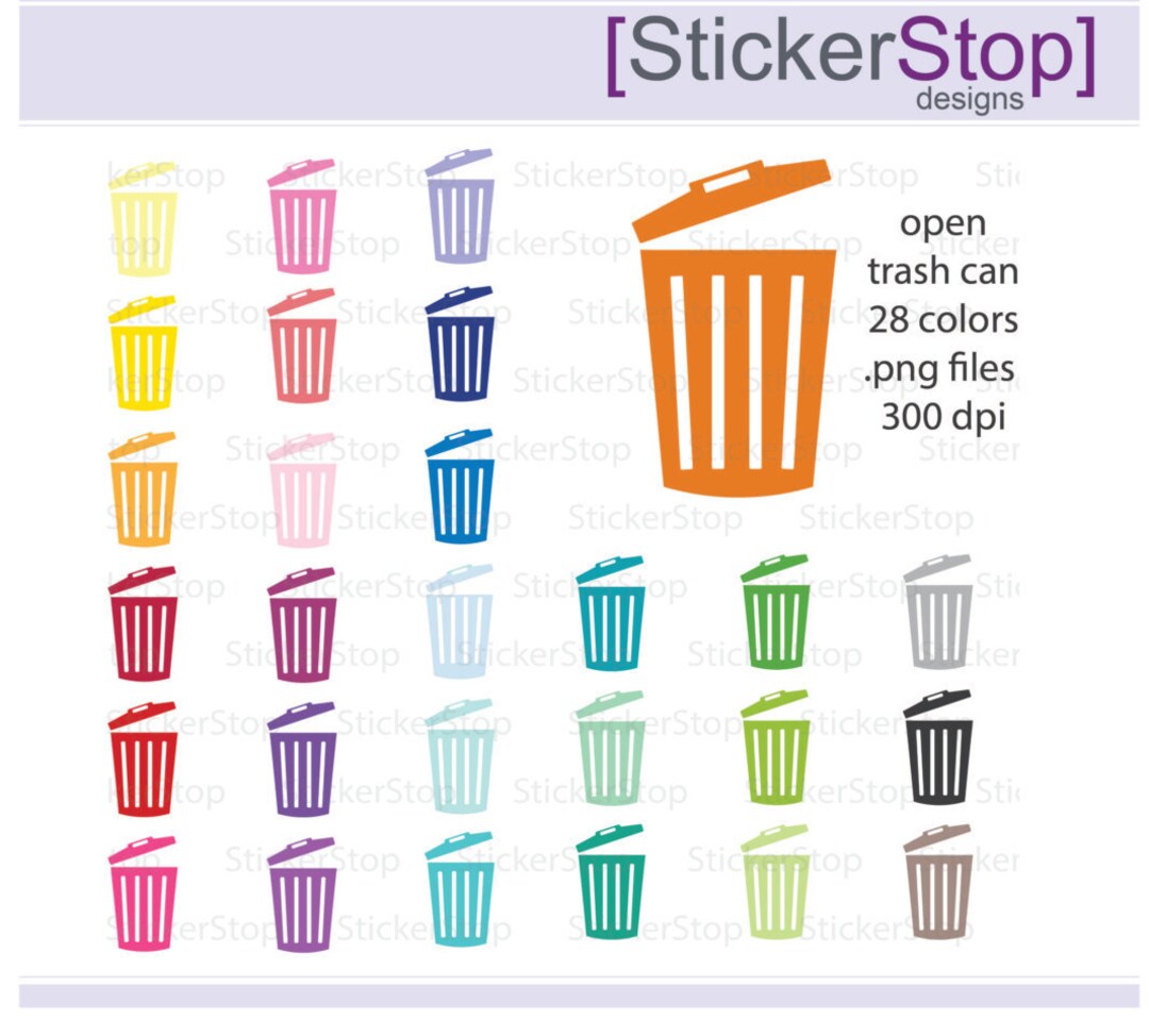 Trash Can Clipart 28 Colors, PNG Digital Clipart Instant Download