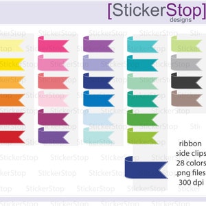 May include: A set of 28 colorful ribbon side clips, each with a pointed end. The clips are in various colors, including yellow, red, blue, green, and purple. The image includes the text "StickerStop designs".