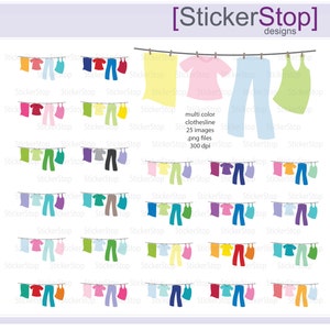 Multicolored Laundry on Clothesline Digital Clipart - Instant download PNG files