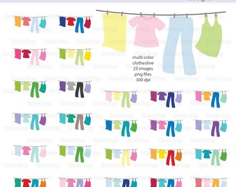 Multicolored Laundry on Clothesline Digital Clipart - Instant download PNG files