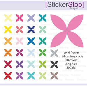 May include: A set of 28 solid color flower stickers with a mid-century circle design. The stickers are 300 dpi and come in .png files.  [StickerStop] designs.