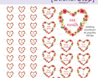 Wedding Countdown Watercolor Heart Digital Clipart - Instant download PNG files