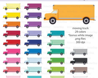 May include: A set of 29 digital clipart images of a moving van in various colours, including yellow, red, blue, green, and pink. The van is a flat design style with a white background. The image also includes a bonus white image of the van. The images are 300 dpi and are perfect for crafting projects, scrapbooking, and digital design.