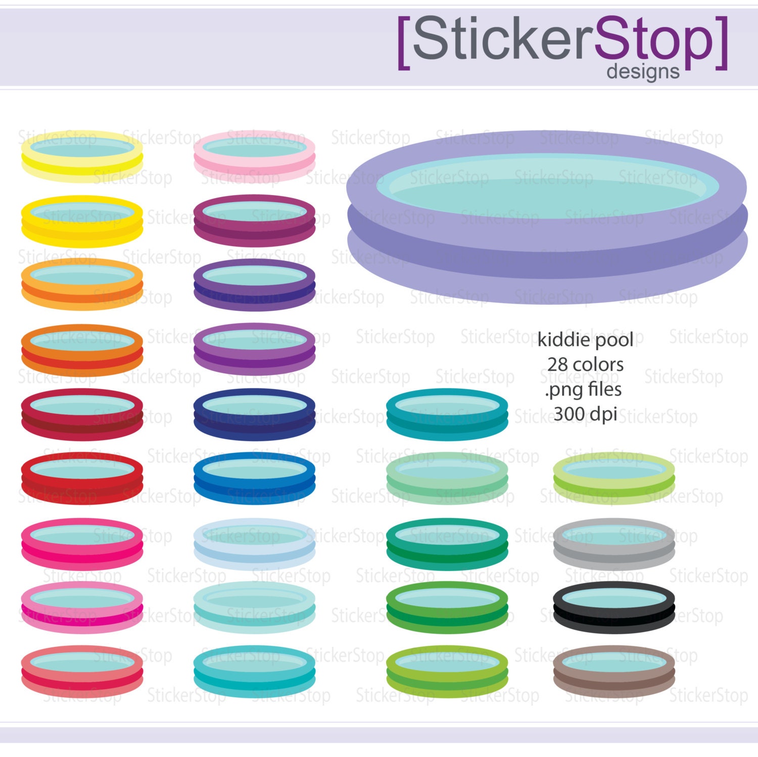 Kiddie Pool or Baby Pool Icon Digital Clipart in Rainbow Colors Instant