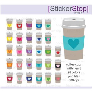 Coffee Cup with Heart Clipart 28 colors, PNG Digital Clipart - Instant download - icons beverages iced coffee tea sleeve