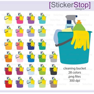 May include: A set of 28 cleaning bucket clipart images in various colors. Each image features a blue bucket with a yellow cleaning glove, a spray bottle, and a bottle of cleaning solution. The text "cleaning bucket", "28 colors", ".png files", and "300 dpi" is included in the image.