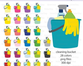 May include: A set of 28 cleaning bucket clipart images in various colours. Each image features a blue bucket with a yellow cleaning glove, a spray bottle, and a bottle of cleaning solution. The text "cleaning bucket", "28 colours", ".png files", and "300 dpi" is included in the image.