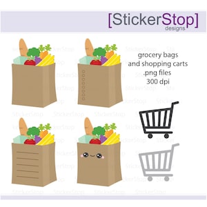 Groceries and Shopping Cart Clipart, PNG Digital Clipart - Instant download - Grocery bag, shop, basket, groceries, errands, icon
