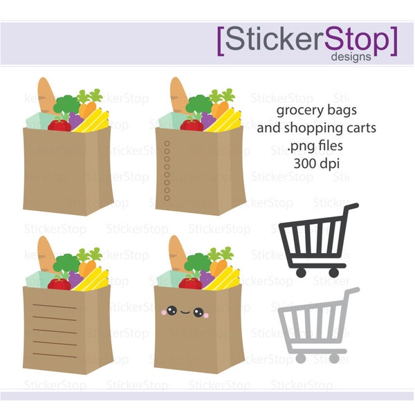 Groceries and Shopping Cart Clipart, PNG Digital Clipart - Instant download - Grocery bag, shop, basket, groceries, errands, icon