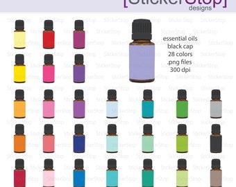 Essential Oils Clipart 28 colors, PNG Digital Clipart - Instant download - aromatherapy, glass bottle, amber bottle, black cap