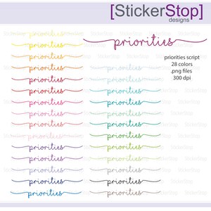 Puede incluir: Un conjunto de 28 pegatinas digitales de colores con la palabra "prioridades" escrita en un estilo de escritura a mano. Las pegatinas son de 300 dpi y están disponibles en archivos PNG.