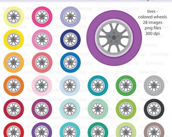 Tires with Colored Wheels Digital Clipart - Instant download PNG files