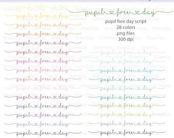 May include: A set of 28 colourful digital clipart images of the phrase "pupil free day" in a handwritten font with hearts. The images are 300 dpi and are in PNG format. The images are designed by StickerStop.