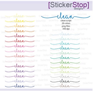 Puede incluir: Un conjunto de 28 pegatinas digitales de colores con la palabra "clean" en una fuente de escritura a mano. Las pegatinas son perfectas para planificadores, diarios y scrapbooking digital.