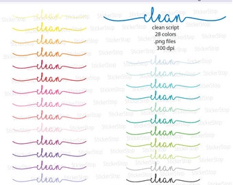 May include: A set of 28 colourful digital stickers featuring the word "clean" in a handwritten script font. The stickers are perfect for planners, journals, and digital scrapbooking.