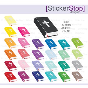 Puede incluir: Un conjunto de 28 imágenes de clipart digitales de colores de un libro cerrado con una cruz en la portada. El libro está en varios colores, incluyendo amarillo, rojo, naranja, rosa, morado, azul, verde y gris. El libro es una biblia.