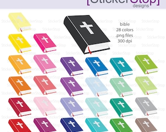 May include: A set of 28 colorful digital clipart images of a closed book with a cross on the cover. The book is in various colors, including yellow, red, orange, pink, purple, blue, green, and gray. The book is a bible.