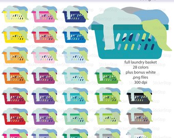 Full Laundry Basket Clipart 29 colors, PNG Digital Clipart - Instant download - dirty laundry, washer, wash, clothes, cleaning