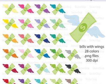 Money with Wings Icon Digital Clipart in Rainbow Colors - Instant download PNG files