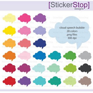 Puede incluir: Un conjunto de 28 burbujas de diálogo en forma de nube de diferentes colores. Las burbujas son de varios colores, incluyendo rojo, naranja, amarillo, verde, azul, morado, rosa y gris. Las burbujas son todas del mismo tamaño y forma, y todas están delineadas en negro. Las burbujas son perfectas para agregar un toque de fantasía a cualquier proyecto.