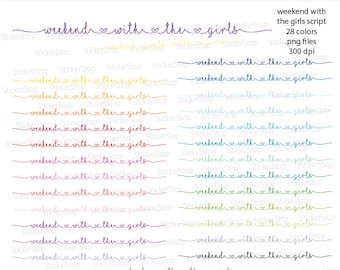 May include: A set of 28 colourful digital stickers with the text "weekend with the girls" in a handwritten font. The stickers are designed for use in digital planners and journals.