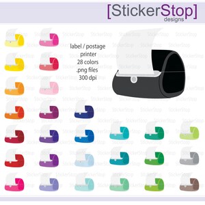 May include: A set of 28 colour variations of a label printer. The printer is black with a white label coming out of it. The text on the image reads "label/postage printer 28 colours .png files 300 dpi".