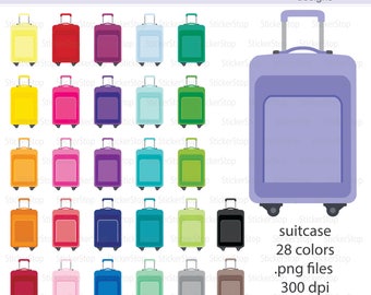 May include: A set of 28 colourful suitcase stickers, each with a different colour. The stickers are 300 dpi and are available as PNG files. The text on the image reads "suitcase 28 colours .png files 300 dpi".