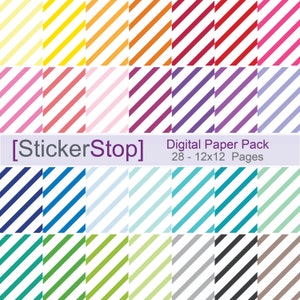 Slanted Stripe Pattern Digital Paper Set in 28 Rainbow Colors - Instant download PNG files - 12 x 12 paper