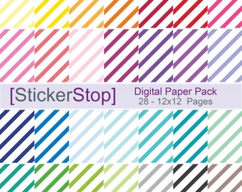 Slanted Stripe Pattern Digital Paper Set in 28 Rainbow Colors - Instant download PNG files - 12 x 12 paper