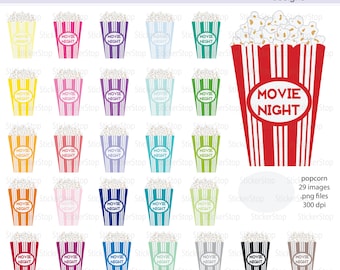 Cyfrowy clipart pudełka popcornu z nocą filmową – pliki PNG do natychmiastowego pobrania
