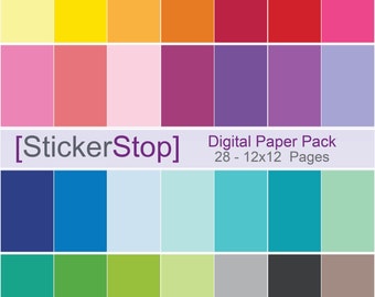 May include: Digital paper pack with 28 12x12 inch pages. The pack includes a variety of colors, including yellow, orange, red, pink, blue, green, and gray.