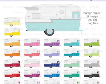 May include: Set of 28 vintage camper illustrations in various colors. Each camper is white with a different colored bottom half. The campers are all facing the same direction and have a white roof with a window and a door.