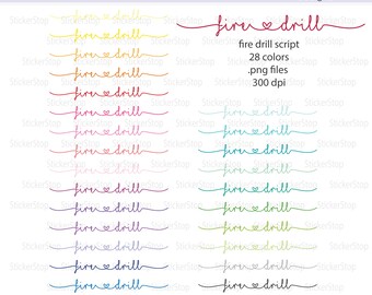 May include: A set of 28 colourful digital stickers with the text "fire drill" in a handwritten font. The stickers are 300 dpi and are available as PNG files.