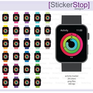 May include: A set of 28 colorful activity tracker watch face stickers for Apple Watch. The stickers feature a circular design with a green, blue, and red ring. The stickers are 300 dpi and come in .png format.