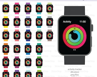 May include: A set of 28 colourful activity tracker watch face stickers for Apple Watch. The stickers feature a circular design with a green, blue, and red ring. The stickers are 300 dpi and come in .png format.