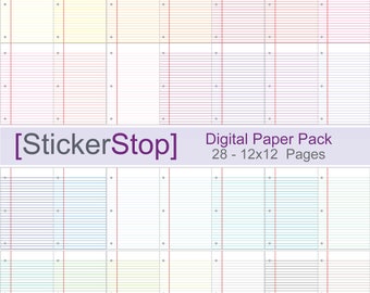 May include: A digital paper pack with 28 different 12x12 inch pages. The pages are lined and have different colours, including yellow, pink, blue, and green. The text "StickerStop" is in the centre of the image.