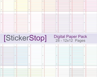 Notebook Paper with Colored Lines Digital Paper Set in 28 Colors - Instant download PNG files - 12 x 12 paper