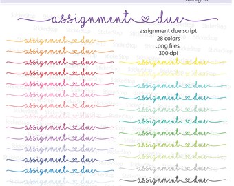 May include: A set of 28 colourful digital stickers with the text "assignment due" and a heart symbol. The stickers are 300 dpi and come in .png format.