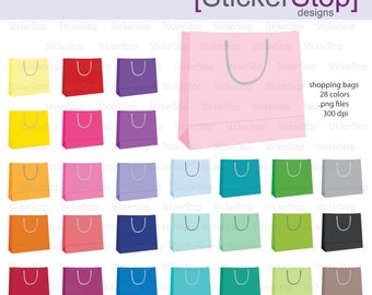Puede incluir: Un conjunto de 28 bolsas de compras de colores, cada una con un asa blanca. Las bolsas están dispuestas en una cuadrícula, con 7 bolsas en cada fila. Las bolsas son todas del mismo tamaño y forma, y todas están hechas de papel blanco liso.