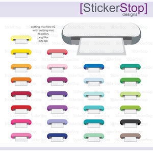 Puede incluir: Una máquina de corte digital con un cuerpo blanco y una alfombrilla de corte transparente. La máquina se muestra en 28 colores diferentes, incluyendo amarillo, rosa, azul, verde, rojo, morado, y más. La máquina está etiquetada "máquina de corte #2 con alfombrilla de corte 28 colores .png files 300 dpi".